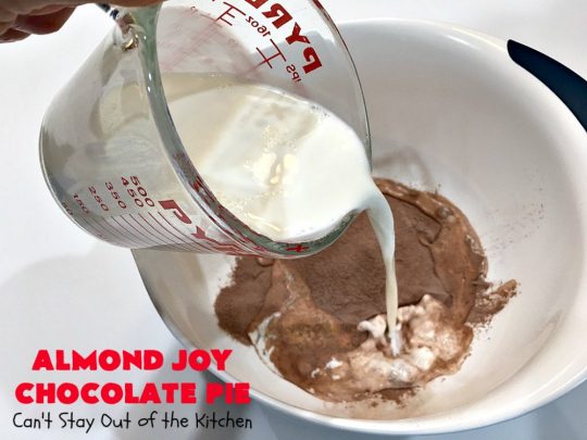 Almond Joy Chocolate Pie | Can't Stay Out of the Kitchen | this fantastic #Chocolate #Pie uses only 5 ingredients & is made with #AlmondJoyBars so it's filled with #coconut & #almonds. Terrific for a company or #holiday #dessert. #ChocolateDessert #AlmondJoyDessert #AlmondJoyChocolatePie