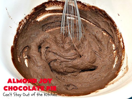 Almond Joy Chocolate Pie | Can't Stay Out of the Kitchen | this fantastic #Chocolate #Pie uses only 5 ingredients & is made with #AlmondJoyBars so it's filled with #coconut & #almonds. Terrific for a company or #holiday #dessert. #ChocolateDessert #AlmondJoyDessert #AlmondJoyChocolatePie