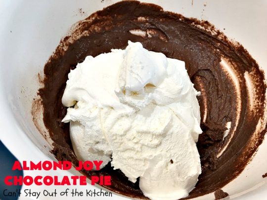 Almond Joy Chocolate Pie | Can't Stay Out of the Kitchen | this fantastic #Chocolate #Pie uses only 5 ingredients & is made with #AlmondJoyBars so it's filled with #coconut & #almonds. Terrific for a company or #holiday #dessert. #ChocolateDessert #AlmondJoyDessert #AlmondJoyChocolatePie