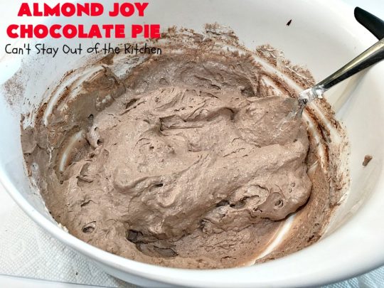 Almond Joy Chocolate Pie | Can't Stay Out of the Kitchen | this fantastic #Chocolate #Pie uses only 5 ingredients & is made with #AlmondJoyBars so it's filled with #coconut & #almonds. Terrific for a company or #holiday #dessert. #ChocolateDessert #AlmondJoyDessert #AlmondJoyChocolatePie