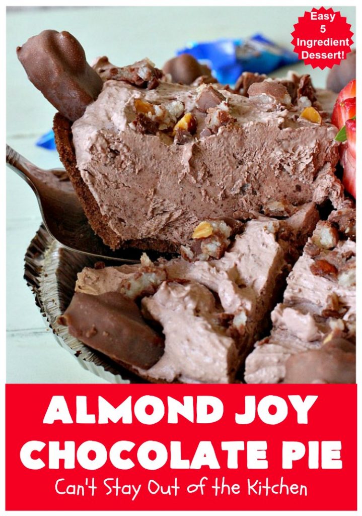 Almond Joy Chocolate Pie | Can't Stay Out of the Kitchen | this fantastic #Chocolate #Pie uses only 5 ingredients & is made with #AlmondJoyBars so it's filled with #coconut & #almonds. Terrific for a company or #holiday #dessert. #ChocolateDessert #AlmondJoyDessert #AlmondJoyChocolatePie