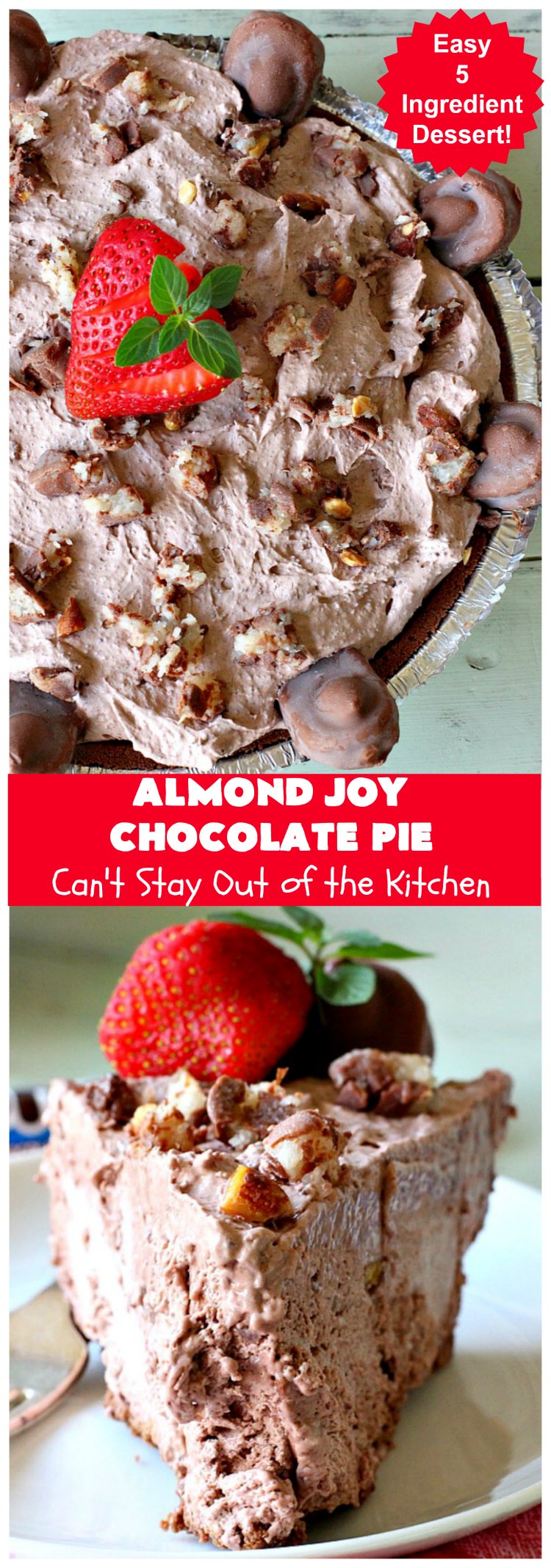 Almond Joy Chocolate Pie | Can't Stay Out of the Kitchen | this fantastic #Chocolate #Pie uses only 5 ingredients & is made with #AlmondJoyBars so it's filled with #coconut & #almonds. Terrific for a company or #holiday #dessert. #ChocolateDessert #AlmondJoyDessert #AlmondJoyChocolatePie