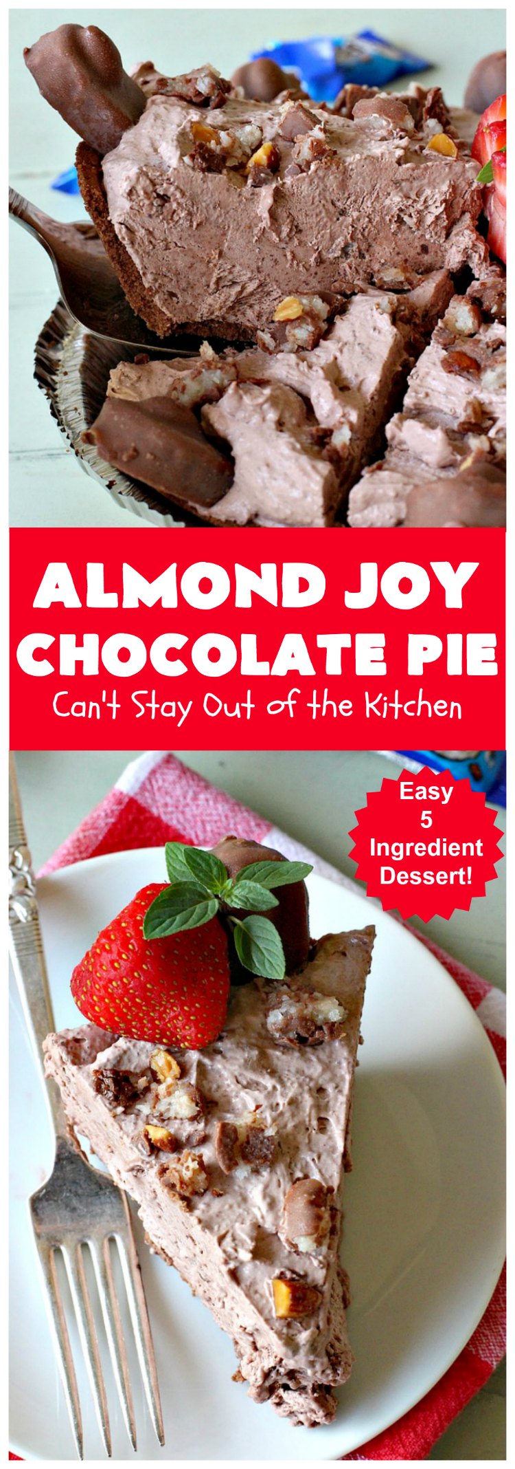 Almond Joy Chocolate Pie | Can't Stay Out of the Kitchen | this fantastic #Chocolate #Pie uses only 5 ingredients & is made with #AlmondJoyBars so it's filled with #coconut & #almonds. Terrific for a company or #holiday #dessert. #ChocolateDessert #AlmondJoyDessert #AlmondJoyChocolatePie