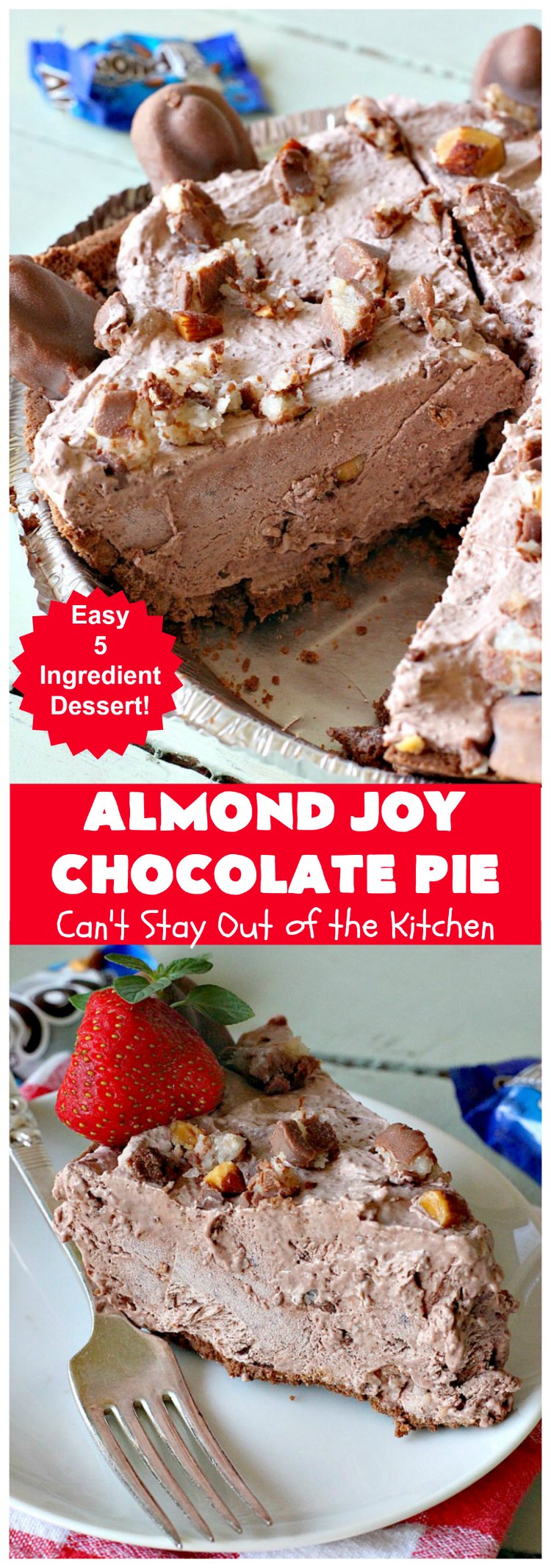 Almond Joy Chocolate Pie | Can't Stay Out of the Kitchen | this fantastic #Chocolate #Pie uses only 5 ingredients & is made with #AlmondJoyBars so it's filled with #coconut & #almonds. Terrific for a company or #holiday #dessert. #ChocolateDessert #AlmondJoyDessert #AlmondJoyChocolatePie