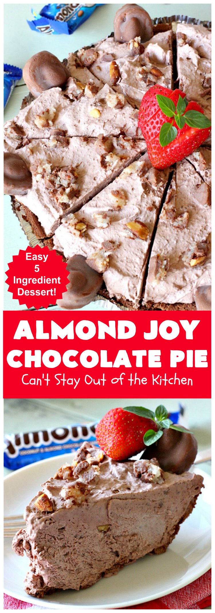 Almond Joy Chocolate Pie | Can't Stay Out of the Kitchen | this fantastic #Chocolate #Pie uses only 5 ingredients & is made with #AlmondJoyBars so it's filled with #coconut & #almonds. Terrific for a company or #holiday #dessert. #ChocolateDessert #AlmondJoyDessert #AlmondJoyChocolatePie
