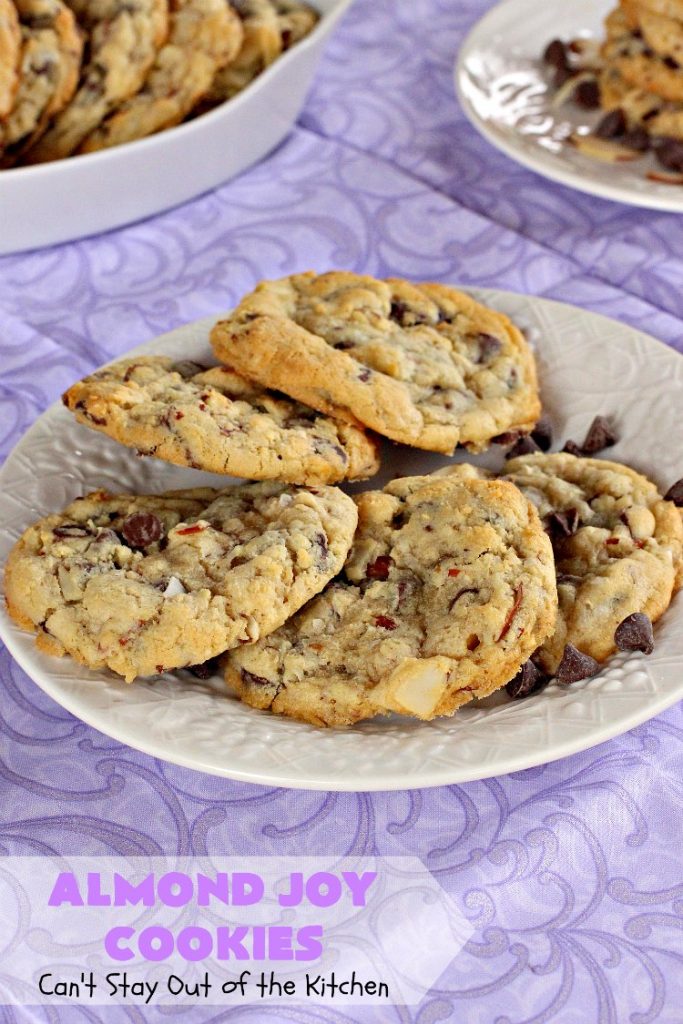 Almond Joy Cookies | Can't Stay Out of the Kitchen | these sensational #cookies are terrific for #holiday #baking and #ChristmasCookieExchanges. They're loaded with #chocolate chips, #coconut & #almonds, just like #AlmondJoy bars. #dessert #chocolatedessert #AlmondJoyDessert #ChristmasCookieBaking #coconutdessert #almonddessert