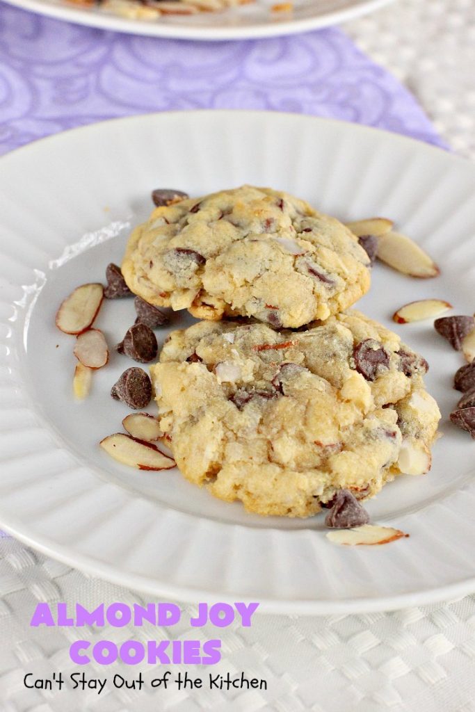 Almond Joy Cookies | Can't Stay Out of the Kitchen | these sensational #cookies are terrific for #holiday #baking and #ChristmasCookieExchanges. They're loaded with #chocolate chips, #coconut & #almonds, just like #AlmondJoy bars. #dessert #chocolatedessert #AlmondJoyDessert #ChristmasCookieBaking #coconutdessert #almonddessert