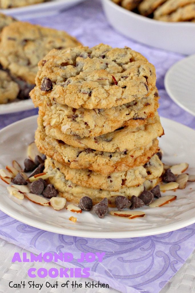 Almond Joy Cookies | Can't Stay Out of the Kitchen | these sensational #cookies are terrific for #holiday #baking and #ChristmasCookieExchanges. They're loaded with #chocolate chips, #coconut & #almonds, just like #AlmondJoy bars. #dessert #chocolatedessert #AlmondJoyDessert #ChristmasCookieBaking #coconutdessert #almonddessert
