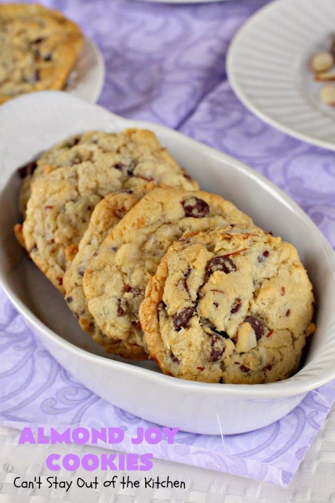 Almond Joy Cookies | Can't Stay Out of the Kitchen | these sensational #cookies are terrific for #holiday #baking and #ChristmasCookieExchanges. They're loaded with #chocolate chips, #coconut & #almonds, just like #AlmondJoy bars. #dessert #chocolatedessert #AlmondJoyDessert #ChristmasCookieBaking #coconutdessert #almonddessert