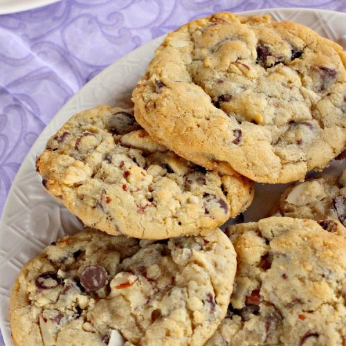 Almond Joy Cookies | Can't Stay Out of the Kitchen | these sensational #cookies are terrific for #holiday #baking and #ChristmasCookieExchanges. They're loaded with #chocolate chips, #coconut & #almonds, just like #AlmondJoy bars. #dessert #chocolatedessert #AlmondJoyDessert #ChristmasCookieBaking #coconutdessert #almonddessert