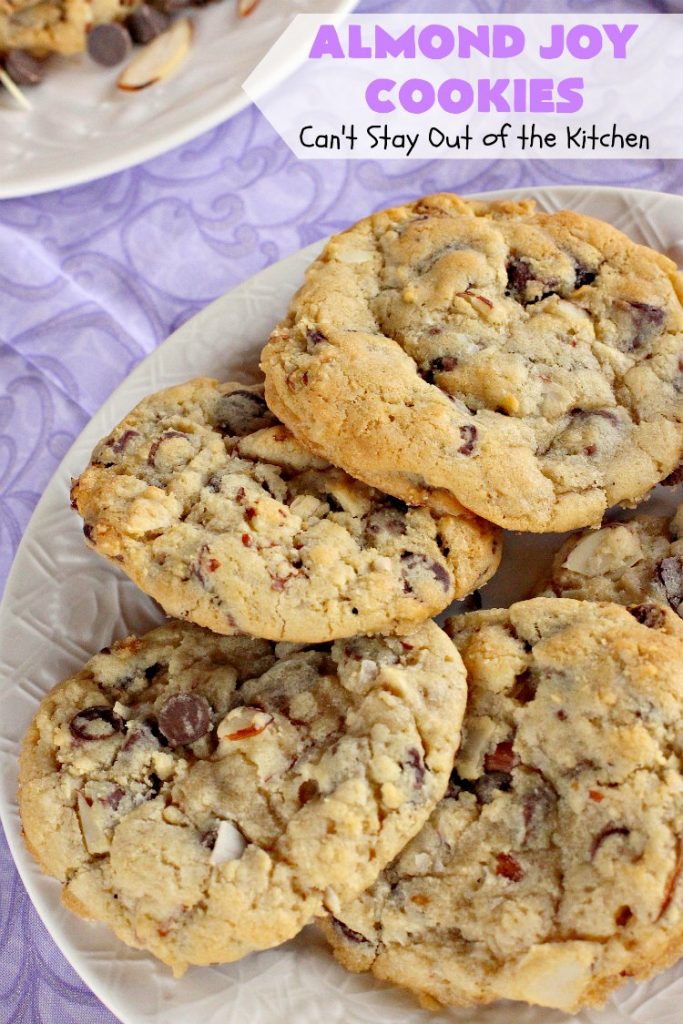 Almond Joy Cookies | Can't Stay Out of the Kitchen | these sensational #cookies are terrific for #holiday #baking and #ChristmasCookieExchanges. They're loaded with #chocolate chips, #coconut & #almonds, just like #AlmondJoy bars. #dessert #chocolatedessert #AlmondJoyDessert #ChristmasCookieBaking #coconutdessert #almonddessert