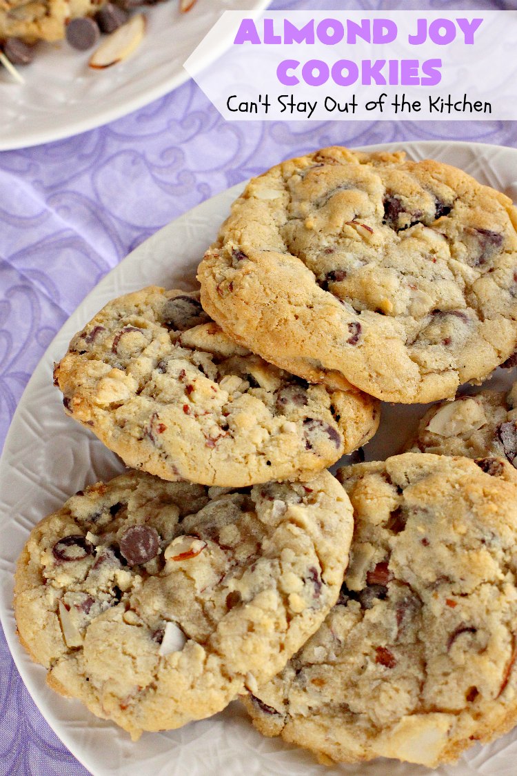 Almond Joy Cookies | Can't Stay Out of the Kitchen | these sensational #cookies are terrific for #holiday #baking and #ChristmasCookieExchanges. They're loaded with #chocolate chips, #coconut & #almonds, just like #AlmondJoy bars. #dessert #chocolatedessert #AlmondJoyDessert #ChristmasCookieBaking #coconutdessert #almonddessert