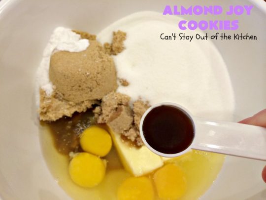 Almond Joy Cookies | Can't Stay Out of the Kitchen | these sensational #cookies are terrific for #holiday #baking and #ChristmasCookieExchanges. They're loaded with #chocolate chips, #coconut & #almonds, just like #AlmondJoy bars. #dessert #chocolatedessert #AlmondJoyDessert #ChristmasCookieBaking #coconutdessert #almonddessert