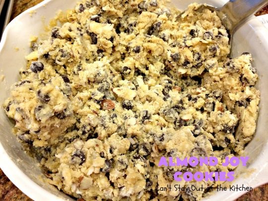 Almond Joy Cookies | Can't Stay Out of the Kitchen | these sensational #cookies are terrific for #holiday #baking and #ChristmasCookieExchanges. They're loaded with #chocolate chips, #coconut & #almonds, just like #AlmondJoy bars. #dessert #chocolatedessert #AlmondJoyDessert #ChristmasCookieBaking #coconutdessert #almonddessert