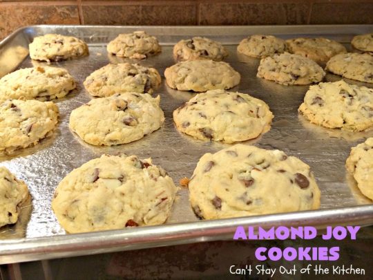 Almond Joy Cookies | Can't Stay Out of the Kitchen | these sensational #cookies are terrific for #holiday #baking and #ChristmasCookieExchanges. They're loaded with #chocolate chips, #coconut & #almonds, just like #AlmondJoy bars. #dessert #chocolatedessert #AlmondJoyDessert #ChristmasCookieBaking #coconutdessert #almonddessert