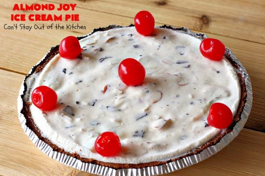 Almond Joy Ice Cream Pie | Can't Stay Out of the Kitchen | this spectacular 4-ingredient #recipe will knock your socks off! It's the ultimate #dessert for #Easter, #MothersDay or other special occasions. It tastes like eating #AlmondJoyBars but in #IceCream form! #AlmondJoyDessert #ChocolateDessert #IceCreamDessert #HolidayDessert #EasterDessert #MothersDayDessert #coconut #almonds #chocolate