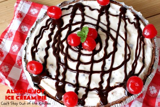 Almond Joy Ice Cream Pie | Can't Stay Out of the Kitchen | this spectacular 4-ingredient #recipe will knock your socks off! It's the ultimate #dessert for #Easter, #MothersDay or other special occasions. It tastes like eating #AlmondJoyBars but in #IceCream form! #AlmondJoyDessert #ChocolateDessert #IceCreamDessert #HolidayDessert #EasterDessert #MothersDayDessert #coconut #almonds #chocolate