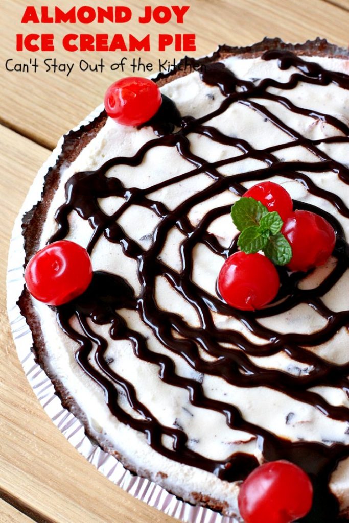 Almond Joy Ice Cream Pie | Can't Stay Out of the Kitchen | this spectacular 4-ingredient #recipe will knock your socks off! It's the ultimate #dessert for #Easter, #MothersDay or other special occasions. It tastes like eating #AlmondJoyBars but in #IceCream form! #AlmondJoyDessert #ChocolateDessert #IceCreamDessert #HolidayDessert #EasterDessert #MothersDayDessert #coconut #almonds #chocolate
