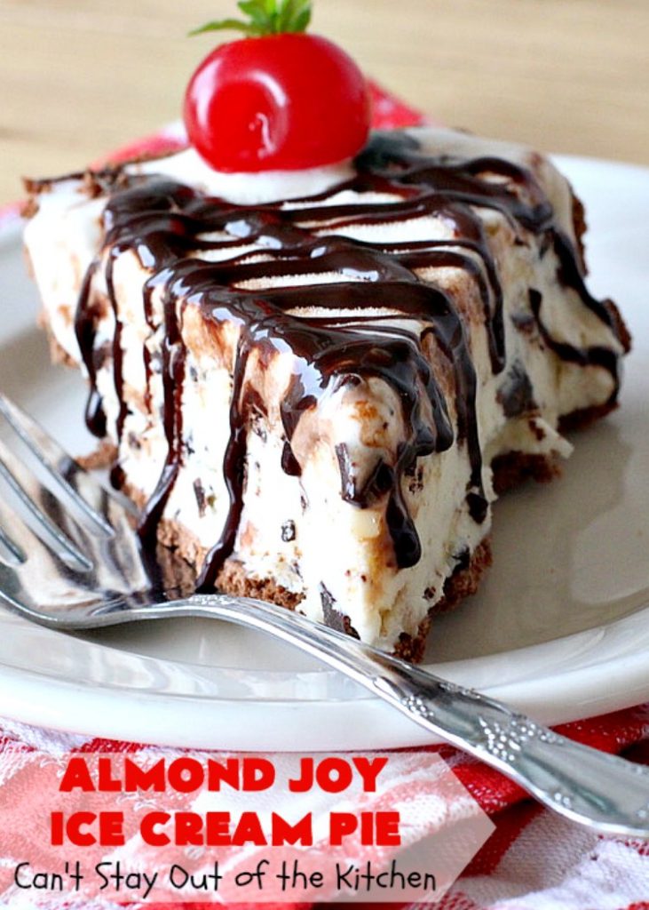 Almond Joy Ice Cream Pie | Can't Stay Out of the Kitchen | this spectacular 4-ingredient #recipe will knock your socks off! It's the ultimate #dessert for #Easter, #MothersDay or other special occasions. It tastes like eating #AlmondJoyBars but in #IceCream form! #AlmondJoyDessert #ChocolateDessert #IceCreamDessert #HolidayDessert #EasterDessert #MothersDayDessert #coconut #almonds #chocolate