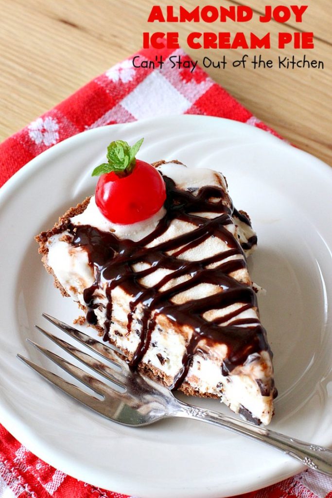 Almond Joy Ice Cream Pie | Can't Stay Out of the Kitchen | this spectacular 4-ingredient #recipe will knock your socks off! It's the ultimate #dessert for #Easter, #MothersDay or other special occasions. It tastes like eating #AlmondJoyBars but in #IceCream form! #AlmondJoyDessert #ChocolateDessert #IceCreamDessert #HolidayDessert #EasterDessert #MothersDayDessert #coconut #almonds #chocolate