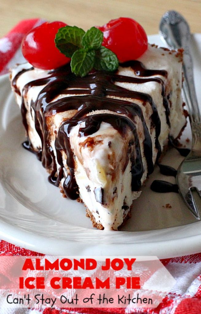 Almond Joy Ice Cream Pie | Can't Stay Out of the Kitchen | this spectacular 4-ingredient #recipe will knock your socks off! It's the ultimate #dessert for #Easter, #MothersDay or other special occasions. It tastes like eating #AlmondJoyBars but in #IceCream form! #AlmondJoyDessert #ChocolateDessert #IceCreamDessert #HolidayDessert #EasterDessert #MothersDayDessert #coconut #almonds #chocolate