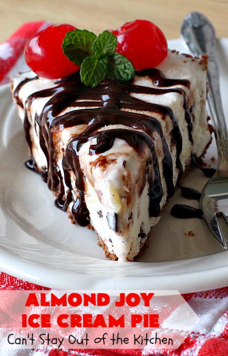 Almond Joy Ice Cream Pie | Can't Stay Out of the Kitchen | this spectacular 4-ingredient #recipe will knock your socks off! It's the ultimate #dessert for #Easter, #MothersDay or other special occasions. It tastes like eating #AlmondJoyBars but in #IceCream form! #AlmondJoyDessert #ChocolateDessert #IceCreamDessert #HolidayDessert #EasterDessert #MothersDayDessert #coconut #almonds #chocolate