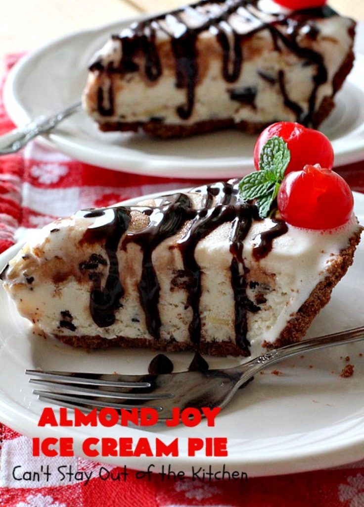Almond Joy Ice Cream Pie | Can't Stay Out of the Kitchen | this spectacular 4-ingredient #recipe will knock your socks off! It's the ultimate #dessert for #Easter, #MothersDay or other special occasions. It tastes like eating #AlmondJoyBars but in #IceCream form! #AlmondJoyDessert #ChocolateDessert #IceCreamDessert #HolidayDessert #EasterDessert #MothersDayDessert #coconut #almonds #chocolate
