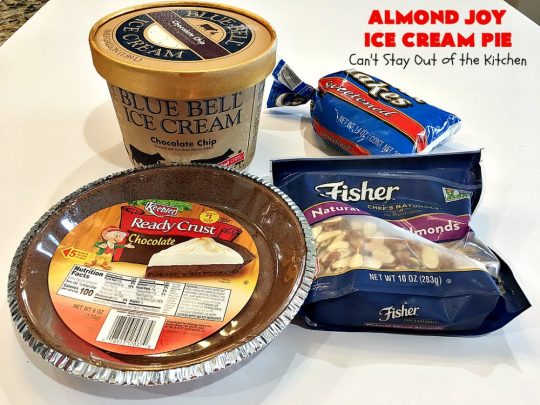 Almond Joy Ice Cream Pie | Can't Stay Out of the Kitchen | this spectacular 4-ingredient #recipe will knock your socks off! It's the ultimate #dessert for #Easter, #MothersDay or other special occasions. It tastes like eating #AlmondJoyBars but in #IceCream form! #AlmondJoyDessert #ChocolateDessert #IceCreamDessert #HolidayDessert #EasterDessert #MothersDayDessert #coconut #almonds #chocolate