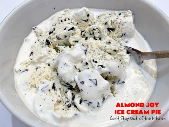 Almond Joy Ice Cream Pie | Can't Stay Out of the Kitchen | this spectacular 4-ingredient #recipe will knock your socks off! It's the ultimate #dessert for #Easter, #MothersDay or other special occasions. It tastes like eating #AlmondJoyBars but in #IceCream form! #AlmondJoyDessert #ChocolateDessert #IceCreamDessert #HolidayDessert #EasterDessert #MothersDayDessert #coconut #almonds #chocolate