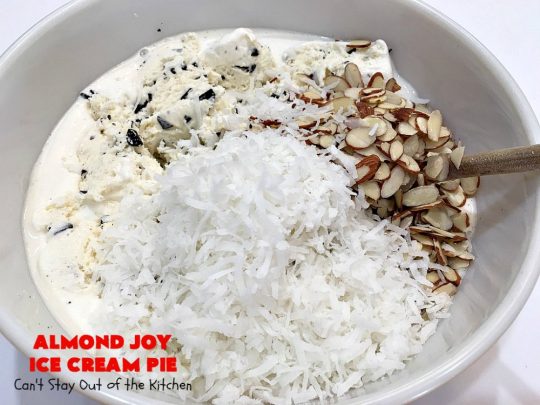 Almond Joy Ice Cream Pie | Can't Stay Out of the Kitchen | this spectacular 4-ingredient #recipe will knock your socks off! It's the ultimate #dessert for #Easter, #MothersDay or other special occasions. It tastes like eating #AlmondJoyBars but in #IceCream form! #AlmondJoyDessert #ChocolateDessert #IceCreamDessert #HolidayDessert #EasterDessert #MothersDayDessert #coconut #almonds #chocolate