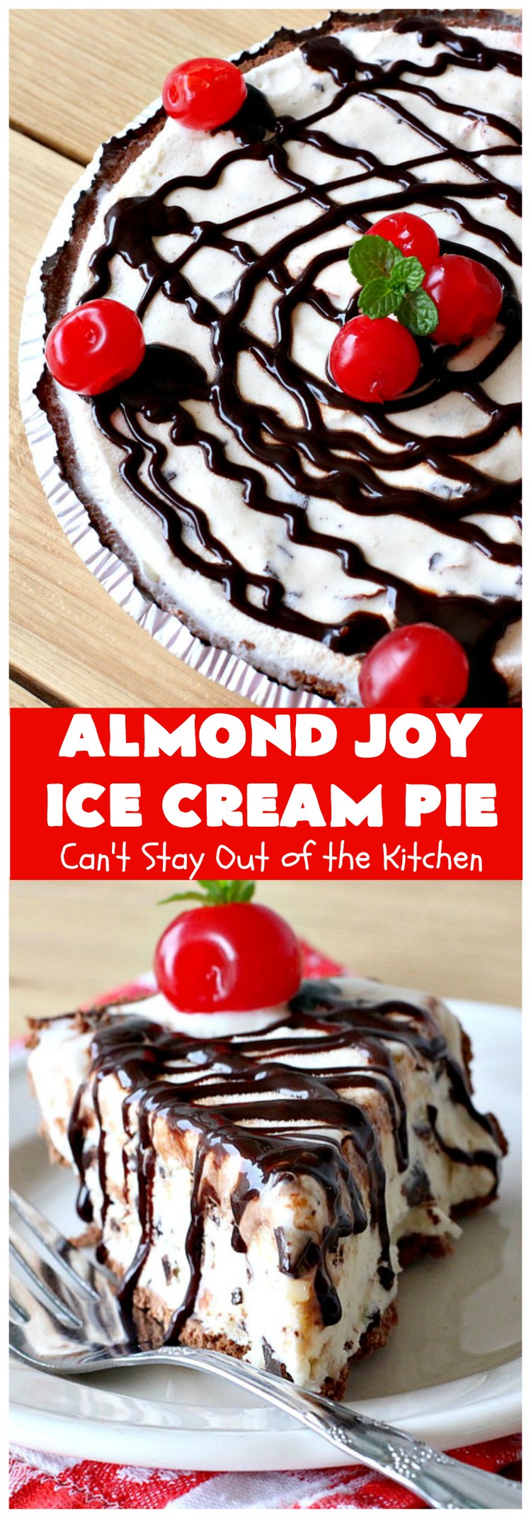 Almond Joy Ice Cream Pie | Can't Stay Out of the Kitchen | this spectacular 4-ingredient #recipe will knock your socks off! It's the ultimate #dessert for #ValentinesDay or other special occasions. It tastes like eating #AlmondJoyBars but in #IceCream form! #AlmondJoyDessert #ChocolateDessert #IceCreamDessert #HolidayDessert #EasterDessert #ValentinesDayDessert #coconut #almonds #chocolate #AlmondJoyIceCreamPie