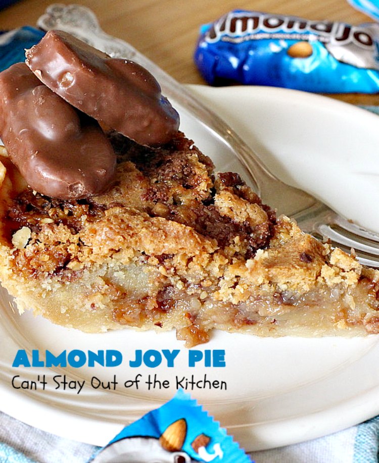 Almond Joy Pie | Can't Stay Out of the Kitchen | this fantastic #pie is filled with #AlmondJoyBars. So it's loaded with #chocolate, #coconut & #almonds. Every bite is breathtaking. Great #dessert for company or #holidays like #ValentinesDay. #HolidayDessert #ValentinesDayDessert #AlmondJoyDessert #AlmondJoyPie #ChocolateDessert #CoconutDessert #AlmondDessert