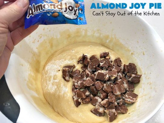 Almond Joy Pie | Can't Stay Out of the Kitchen | this fantastic #pie is filled with #AlmondJoyBars. So it's loaded with #chocolate, #coconut & #almonds. Every bite is breathtaking. Great #dessert for company or #holidays like #ValentinesDay. #HolidayDessert #ValentinesDayDessert #AlmondJoyDessert #AlmondJoyPie #ChocolateDessert #CoconutDessert #AlmondDessert