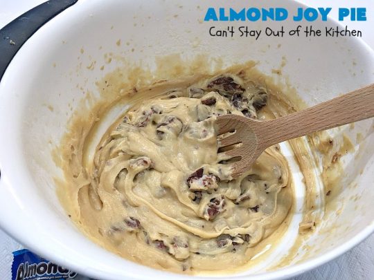Almond Joy Pie | Can't Stay Out of the Kitchen | this fantastic #pie is filled with #AlmondJoyBars. So it's loaded with #chocolate, #coconut & #almonds. Every bite is breathtaking. Great #dessert for company or #holidays like #ValentinesDay. #HolidayDessert #ValentinesDayDessert #AlmondJoyDessert #AlmondJoyPie #ChocolateDessert #CoconutDessert #AlmondDessert