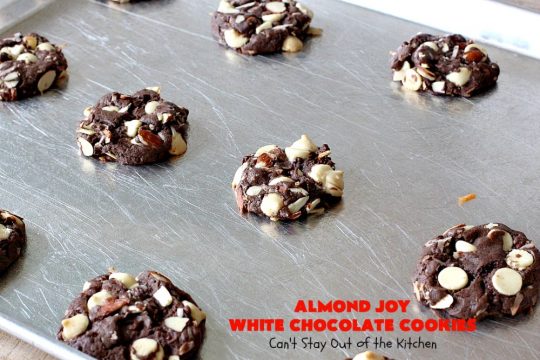 Almond Joy White Chocolate Cookies | Can't Stay Out of the Kitchen | these rich, decadent #cookies are stuffed with the #AlmondJoy flavors of #chocolate, #coconut #almonds & add #WhiteChocolate. They are absolutely outstanding. Terrific for any summer or #holiday party, #tailgating, potluck or backyard BBQ. #dessert #ChocolateDessert #AlmondJoyDessert #AlmondJoyWhiteChocolateCookies
