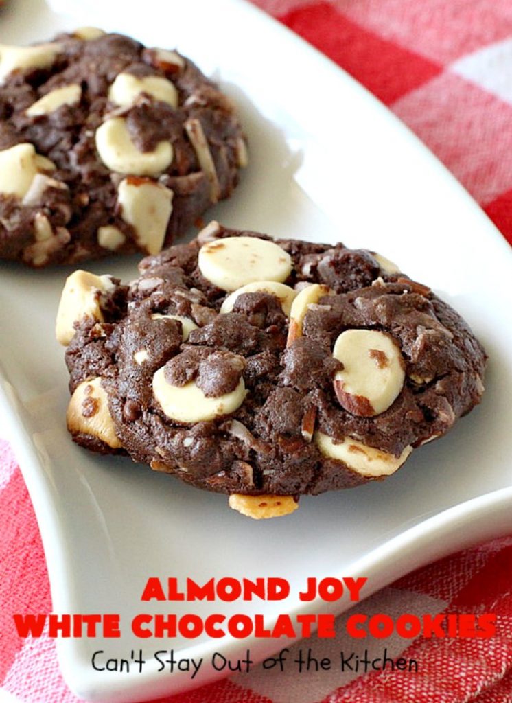 Almond Joy White Chocolate Cookies | Can't Stay Out of the Kitchen | these rich, decadent #cookies are stuffed with the #AlmondJoy flavors of #chocolate, #coconut #almonds & add #WhiteChocolate. They are absolutely outstanding. Terrific for any summer or #holiday party, #tailgating, potluck or backyard BBQ. #dessert #ChocolateDessert #AlmondJoyDessert #AlmondJoyWhiteChocolateCookies
