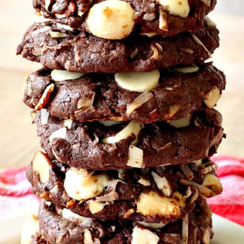 Almond Joy White Chocolate Cookies | Can't Stay Out of the Kitchen | these rich, decadent #cookies are stuffed with the #AlmondJoy flavors of #chocolate, #coconut #almonds & add #WhiteChocolate. They are absolutely outstanding. Terrific for any summer or #holiday party, #tailgating, potluck or backyard BBQ. #dessert #ChocolateDessert #AlmondJoyDessert #AlmondJoyWhiteChocolateCookies