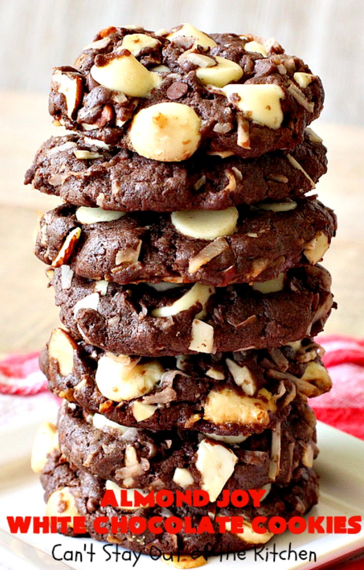 Almond Joy White Chocolate Cookies | Can't Stay Out of the Kitchen | these rich, decadent #cookies are stuffed with the #AlmondJoy flavors of #chocolate, #coconut #almonds & add #WhiteChocolate. They are absolutely outstanding. Terrific for any summer or #holiday party, #tailgating, potluck or backyard BBQ. #dessert #ChocolateDessert #AlmondJoyDessert #AlmondJoyWhiteChocolateCookies
