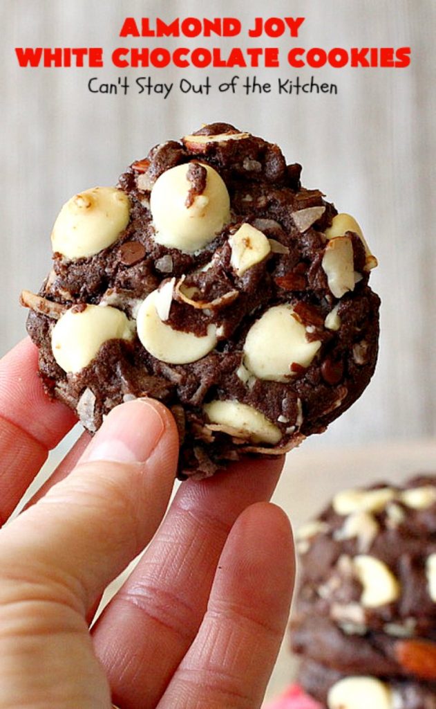 Almond Joy White Chocolate Cookies | Can't Stay Out of the Kitchen | these rich, decadent #cookies are stuffed with the #AlmondJoy flavors of #chocolate, #coconut #almonds & add #WhiteChocolate. They are absolutely outstanding. Terrific for any summer or #holiday party, #tailgating, potluck or backyard BBQ. #dessert #ChocolateDessert #AlmondJoyDessert #AlmondJoyWhiteChocolateCookies