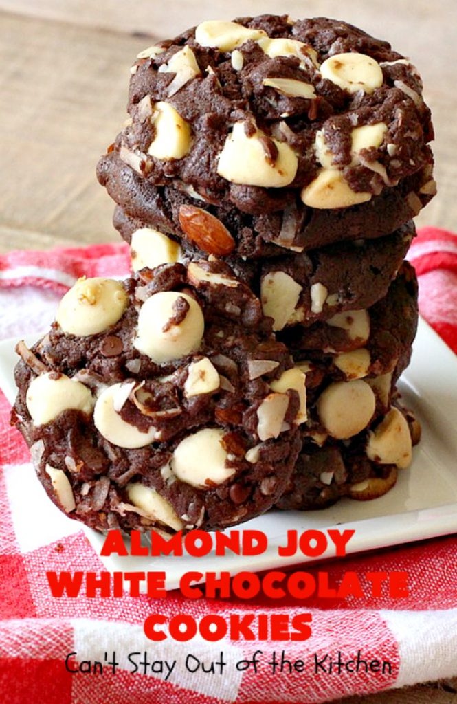 Almond Joy White Chocolate Cookies | Can't Stay Out of the Kitchen | these rich, decadent #cookies are stuffed with the #AlmondJoy flavors of #chocolate, #coconut #almonds & add #WhiteChocolate. They are absolutely outstanding. Terrific for any summer or #holiday party, #tailgating, potluck or backyard BBQ. #dessert #ChocolateDessert #AlmondJoyDessert #AlmondJoyWhiteChocolateCookies