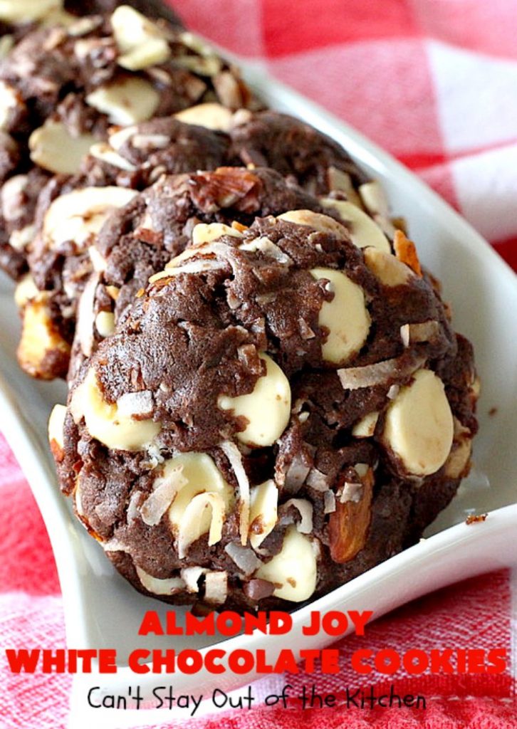 Almond Joy White Chocolate Cookies | Can't Stay Out of the Kitchen | these rich, decadent #cookies are stuffed with the #AlmondJoy flavors of #chocolate, #coconut #almonds & add #WhiteChocolate. They are absolutely outstanding. Terrific for any summer or #holiday party, #tailgating, potluck or backyard BBQ. #dessert #ChocolateDessert #AlmondJoyDessert #AlmondJoyWhiteChocolateCookies