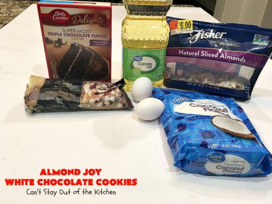 Almond Joy White Chocolate Cookies | Can't Stay Out of the Kitchen | these rich, decadent #cookies are stuffed with the #AlmondJoy flavors of #chocolate, #coconut #almonds & add #WhiteChocolate. They are absolutely outstanding. Terrific for any summer or #holiday party, #tailgating, potluck or backyard BBQ. #dessert #ChocolateDessert #AlmondJoyDessert #AlmondJoyWhiteChocolateCookies