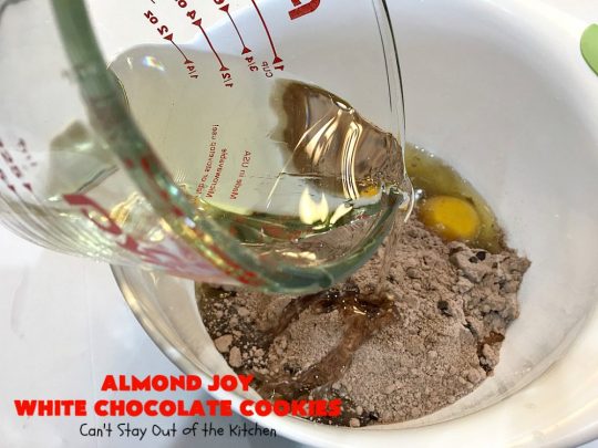 Almond Joy White Chocolate Cookies | Can't Stay Out of the Kitchen | these rich, decadent #cookies are stuffed with the #AlmondJoy flavors of #chocolate, #coconut #almonds & add #WhiteChocolate. They are absolutely outstanding. Terrific for any summer or #holiday party, #tailgating, potluck or backyard BBQ. #dessert #ChocolateDessert #AlmondJoyDessert #AlmondJoyWhiteChocolateCookies