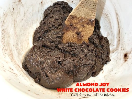 Almond Joy White Chocolate Cookies | Can't Stay Out of the Kitchen | these rich, decadent #cookies are stuffed with the #AlmondJoy flavors of #chocolate, #coconut #almonds & add #WhiteChocolate. They are absolutely outstanding. Terrific for any summer or #holiday party, #tailgating, potluck or backyard BBQ. #dessert #ChocolateDessert #AlmondJoyDessert #AlmondJoyWhiteChocolateCookies