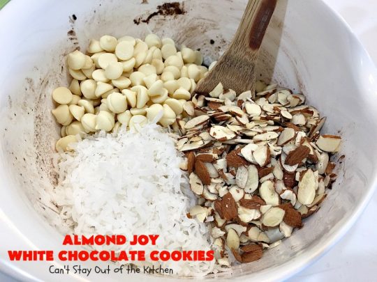Almond Joy White Chocolate Cookies | Can't Stay Out of the Kitchen | these rich, decadent #cookies are stuffed with the #AlmondJoy flavors of #chocolate, #coconut #almonds & add #WhiteChocolate. They are absolutely outstanding. Terrific for any summer or #holiday party, #tailgating, potluck or backyard BBQ. #dessert #ChocolateDessert #AlmondJoyDessert #AlmondJoyWhiteChocolateCookies