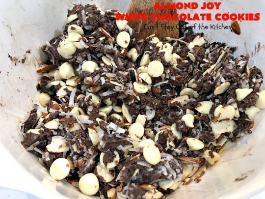Almond Joy White Chocolate Cookies | Can't Stay Out of the Kitchen | these rich, decadent #cookies are stuffed with the #AlmondJoy flavors of #chocolate, #coconut #almonds & add #WhiteChocolate. They are absolutely outstanding. Terrific for any summer or #holiday party, #tailgating, potluck or backyard BBQ. #dessert #ChocolateDessert #AlmondJoyDessert #AlmondJoyWhiteChocolateCookies