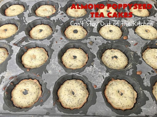 Almond Poppyseed Tea Cakes | Can't Stay Out of the Kitchen | these amazing #TeaCakes are irresistible & mouthwatering. They include both #almond flavoring & #almonds along with #poppyseeds to give flavor & texture to the #cake. These are fantastic for #holiday or #Christmas parties, but delightful enough to make all year long. Prepare to drool over every bite! #dessert #HolidayDessert #AlmondPoppyseedTeaCakes