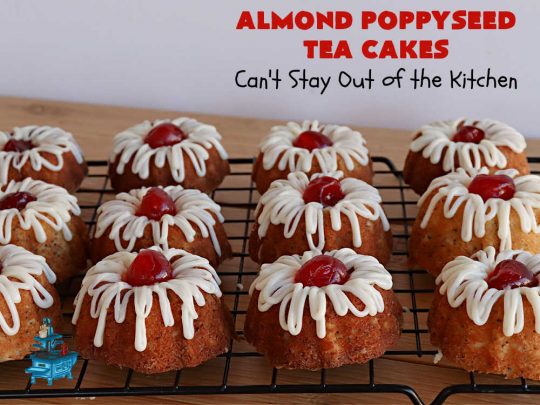 Almond Poppyseed Tea Cakes | Can't Stay Out of the Kitchen | these amazing #TeaCakes are irresistible & mouthwatering. They include both #almond flavoring & #almonds along with #poppyseeds to give flavor & texture to the #cake. These are fantastic for #holiday or #Christmas parties, but delightful enough to make all year long. Prepare to drool over every bite! #dessert #HolidayDessert #AlmondPoppyseedTeaCakes