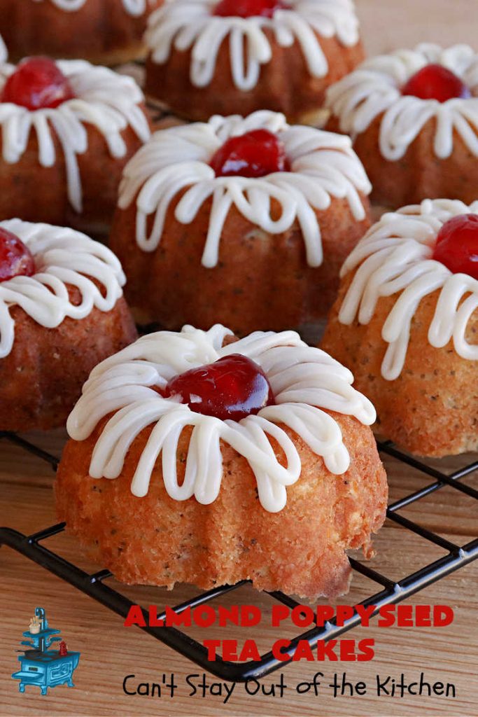 Almond Poppyseed Tea Cakes | Can't Stay Out of the Kitchen | these amazing #TeaCakes are irresistible & mouthwatering. They include both #almond flavoring & #almonds along with #poppyseeds to give flavor & texture to the #cake. These are fantastic for #holiday or #Christmas parties, but delightful enough to make all year long. Prepare to drool over every bite! #dessert #HolidayDessert #AlmondPoppyseedTeaCakes
