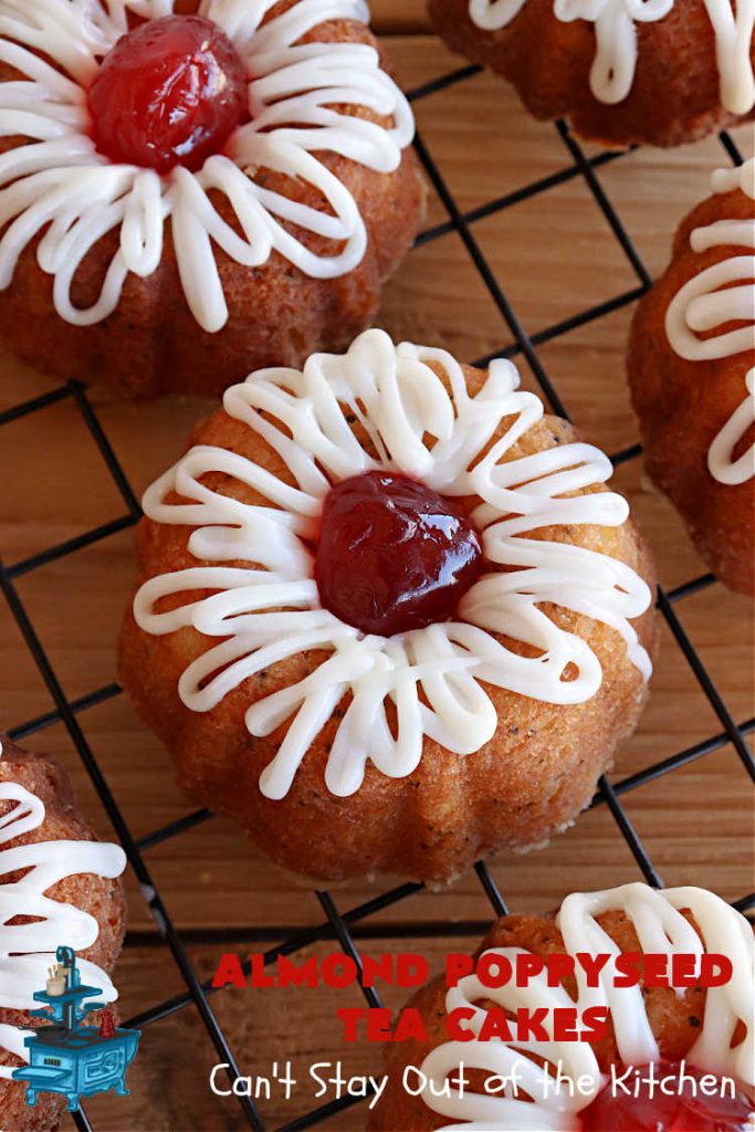 Almond Poppyseed Tea Cakes | Can't Stay Out of the Kitchen | these amazing #TeaCakes are irresistible & mouthwatering. They include both #almond flavoring & #almonds along with #poppyseeds to give flavor & texture to the #cake. These are fantastic for #holiday or #Christmas parties, but delightful enough to make all year long. Prepare to drool over every bite! #dessert #HolidayDessert #AlmondPoppyseedTeaCakes